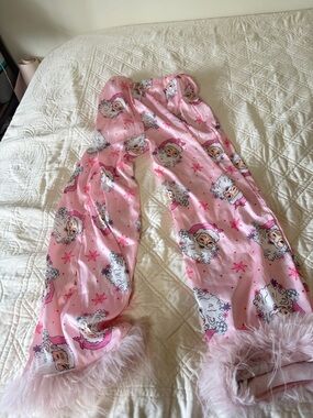 Pink Holiday Santa Print Pajama Pants with Feather Trim